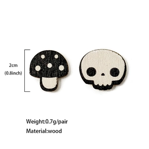 Asymmetric wooden mushroom and skull earrings for Halloween, black and white dark style