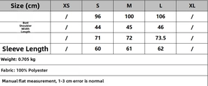 Detailed size chart for the PU faux leather jacket with measurements in cm for sizes S to L