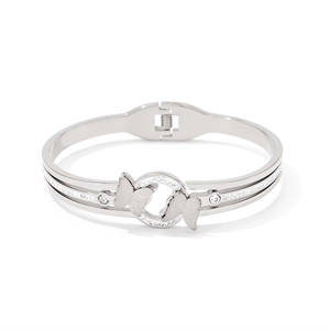 Polished silver stainless steel bangle featuring frosted double butterfly motif and crystal ring