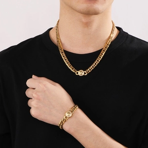 Golden 9mm CNC iced-out Cuban link chain and bracelet set for men in stainless steel