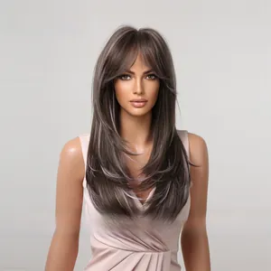 Detail of long straight synthetic wig with curtain bangs and purple ombre highlights