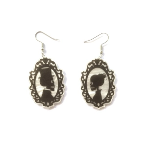 Gothic Halloween earrings featuring black silhouette skeleton couple in vintage frames
