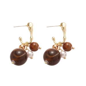 Elegant geometric drop earrings with gold hooks, brown textured beads, and faux pearls