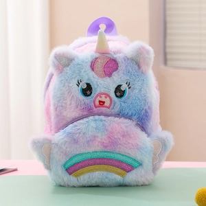 Cute plush unicorn backpack with colorful faux fur and sequin horn for girls