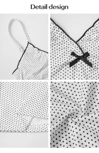 Detail design of Y2K polka dot camisole showing shoulder straps and bow knot decoration