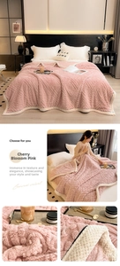 Detail of pink carved velvet blanket with textured diamond pattern and fleece border