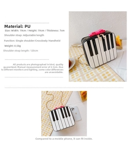 Detailed size specifications of piano bow bag with adjustable chain strap and PU leather