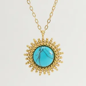 Collana Pendente Sole Turchese Blu Acciaio Inossidabile Placcato Oro 18K Gioielli Boho Donna