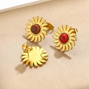 Boucles d'oreilles tournesol en acier doré avec pierres naturelles œil de tigre marron