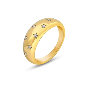 Star set zircon 18K gold plated stainless steel ring with polished finish