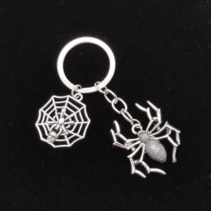 Detailed close-up of a silver Halloween spider and spider web charms on a metal keychain