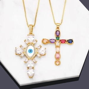 Fashionable Copper Zirconia Cross Pendant Necklace For Women Gold Plated Religious Evil Eye Colorful Stone Jewelry Gift