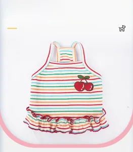 Striped dog sundress with cherry embroidery and ruffle hem for small pets