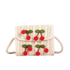 Japanese style woven straw crossbody bag with 3D cherry accents and rope shoulder strap