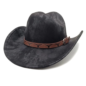 Detail of black western cowboy hat with brown leather band and silver bull buckle