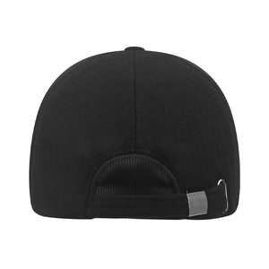 Rear view of black cotton baseball cap for men with adjustable silver metal buckle strap