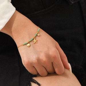 18K gold plated stainless steel starfish and shell charm bracelet with green beads