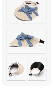 Detail view of foldable straw sun hat with adjustable cooling buckle and denim bow accent
