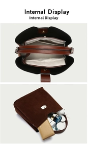 Internal display of the large capacity suede bucket bag with a zippered divider section