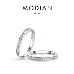 Minimalist S925 sterling silver eternity ring featuring a row of pavé-set sparkling zircons