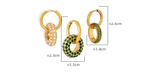 Detail showing dimensions of gold geometric hoop earrings with sparkling cubic zirconia