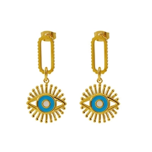 Bohemian gold plated evil eye drop earrings with blue enamel sunburst design for women