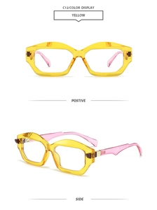 Detail of trendy yellow transparent sunglasses frame with pink temples in a side view