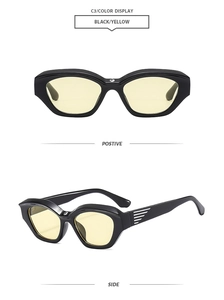 Detail view showing front and side profile of retro Y2K black frame yellow lens sunglasses