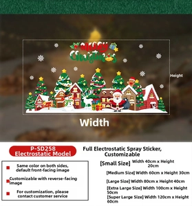 Detail of Christmas window clings with size chart showing Santa and snowman motifs