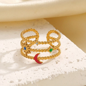 Chic gold celestial multilayer open ring featuring moon star sun motifs with colorful enamel
