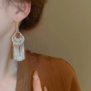 Detail shot of vintage silver hollow wind chime earrings with long metal tassels on model