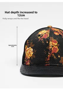 Detailed view of the 12cm deep floral straw baseball cap with black faux leather brim