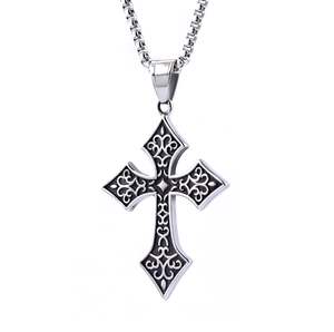 Retro engraved Viking cross pendant necklace with sturdy silver round box chain