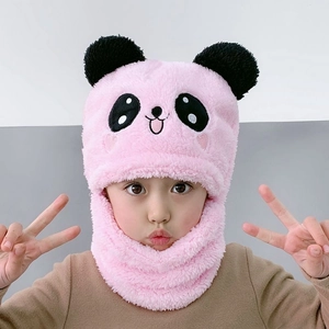 Pink panda fleece hat with scarf for kids, warm thick winter hood for boys and girls