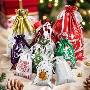 Assorted colorful PE Christmas drawstring gift bags set in various festive sizes and patterns