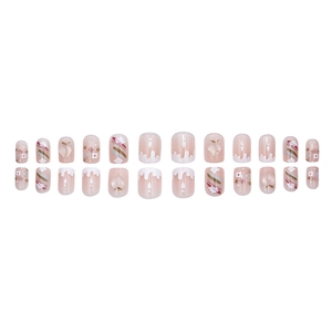 Pink peach flower press-on nails with 3D accents and glossy finish, 24-piece set