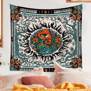 Bohemian psychedelic mushroom tapestry with evil eyes and moon phases as bedroom wall decor