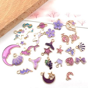 Assorted purple enamel charms with unicorn, moon and shell shapes for DIY jewelry making