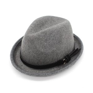 Classic grey wool fedora hat with a black leather band and metal buckle for men and women