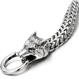 Viking wolf head chain bracelet for men in polished stainless steel silver tone