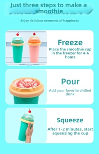 Three-step guide for slushy maker cup showing freezing, pouring, and squeezing process