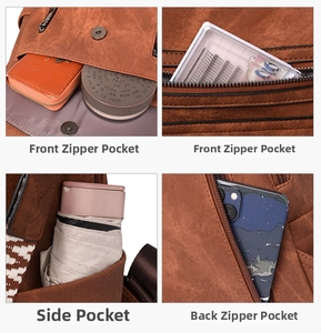 Detail view of the brown PU backpack showing multi-pocket storage and anti-theft zipper