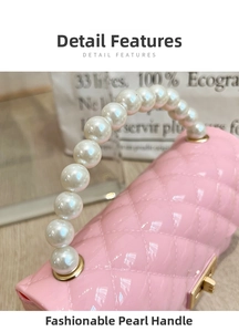 Detail view of pink quilted jelly bag featuring elegant pearl handle and gold clasp