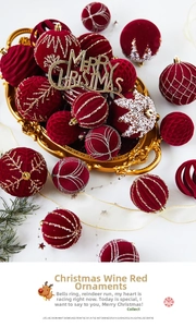 Detailed view of burgundy velvet Christmas ornaments with pearl and gold glitter patterns