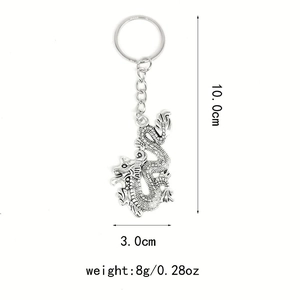 Silver dragon keychain size details showing 10cm length and 3cm width on white background