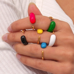 Y2K style 18K gold plated stainless steel rings with colorful resin stones on hand