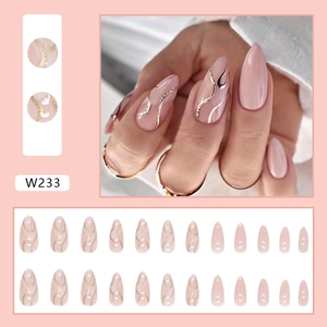Pink almond press-on nails with golden glitter wave patterns 24pcs set for women
