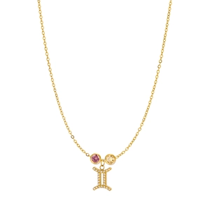 Detail of gold Gemini zodiac necklace featuring pink and yellow gemstones on a fine chain