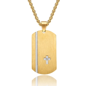 Gold brushed military style pendant necklace with silver cross and gem inlay