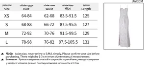 Size chart for slim fit lace embroidery long dress showing bust waist and hip measurements